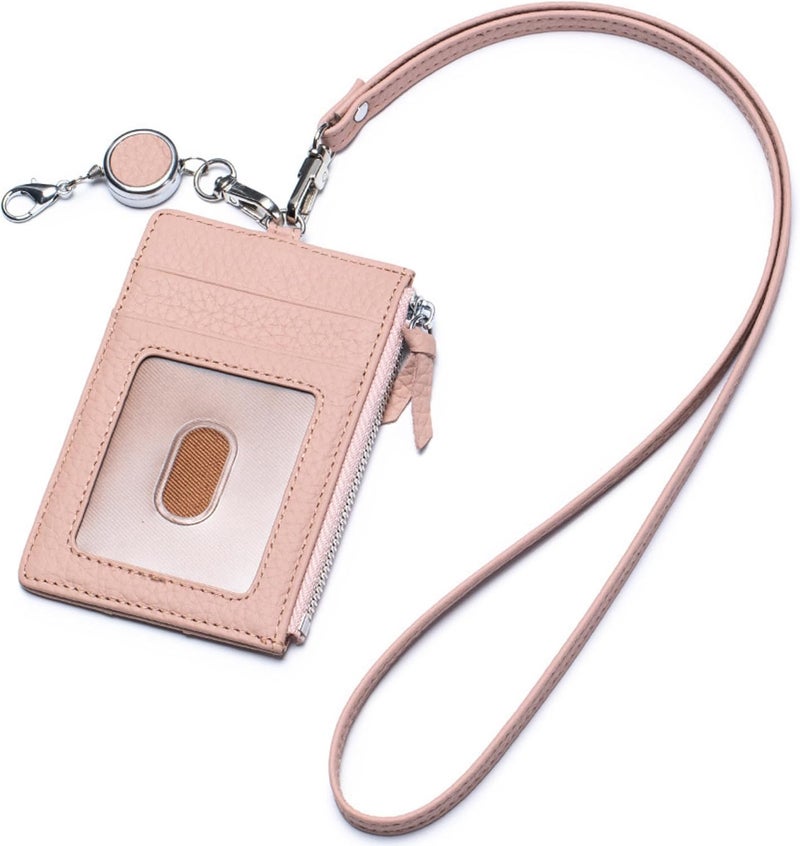 EutDett Leather Lanyard Wallet with ID Badge Holder, Minimalist Wallet for Women & Men, Women's ID Case with Zipper Pocket, Breakaway Lanyard & Retractable Reel Clip for Teacher Nurse Student (Light Pink) - Image 1
